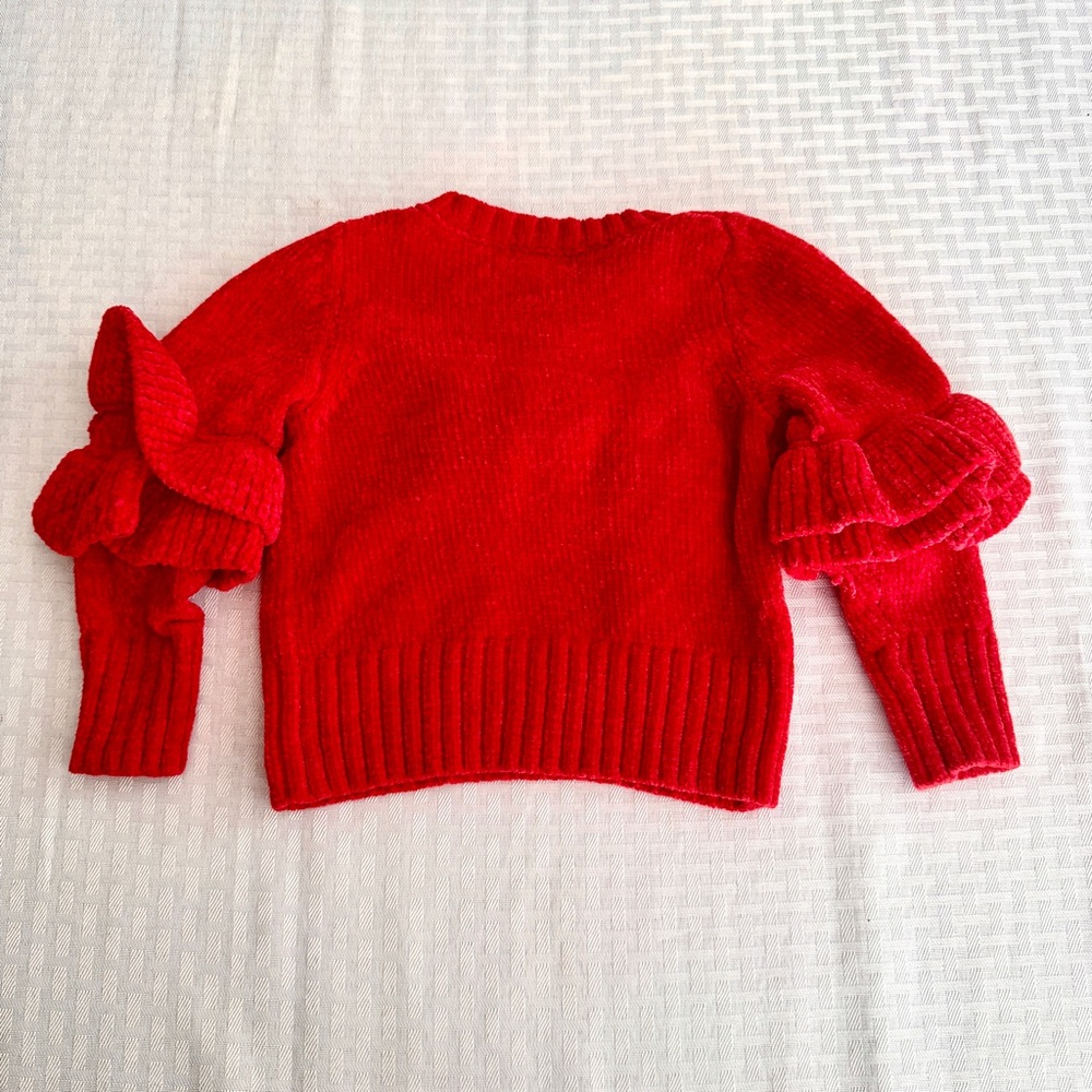 Cat & Jack Girls 3T Red Chenille Ruffle Sleeve Sweater Valentine Cozy Pullover - Picture 3 of 6